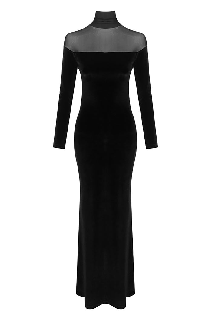 Velvet Mesh-insert Maxi Dress