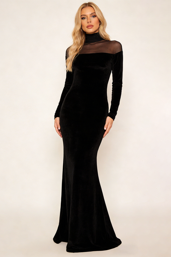 Velvet Mesh-insert Maxi Dress