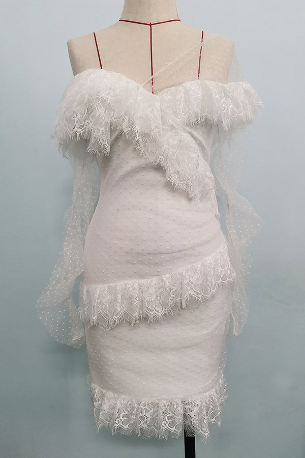 White Lace Frill Mini Bandage Dress - Chicida