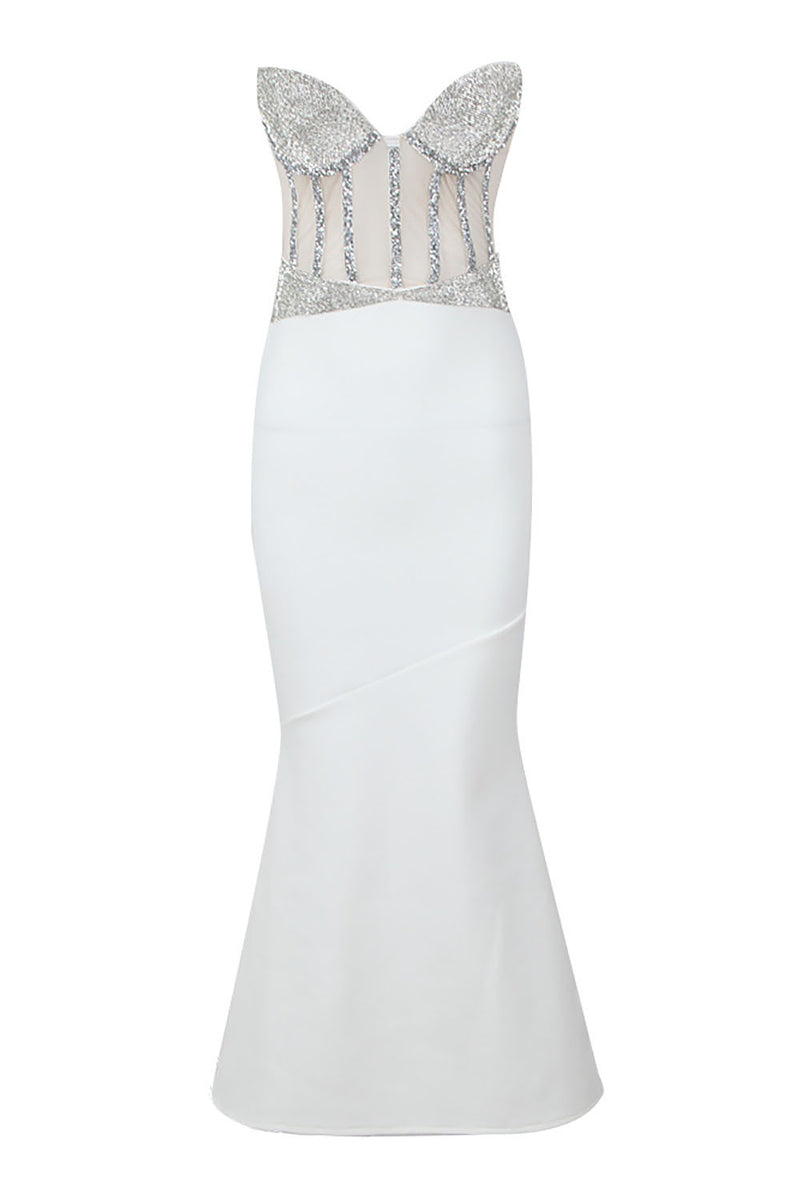 White Strapless Crystal Corset Satin Gown