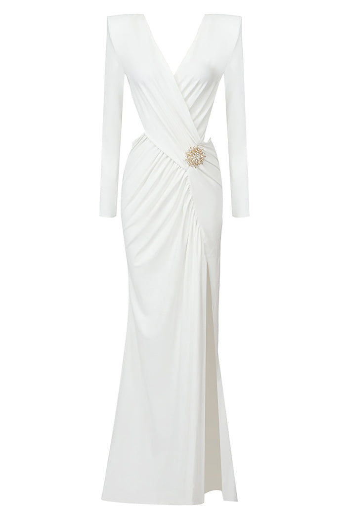 White Phenix Brooch Detailed Jersey Gown