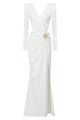 White Phenix Brooch Detailed Jersey Gown