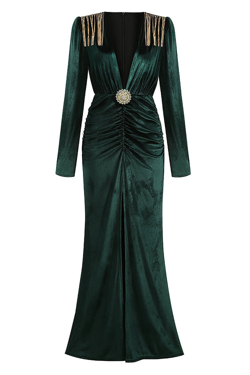 Army Green Velvet V Neck Tassel Gown - CHICIDA