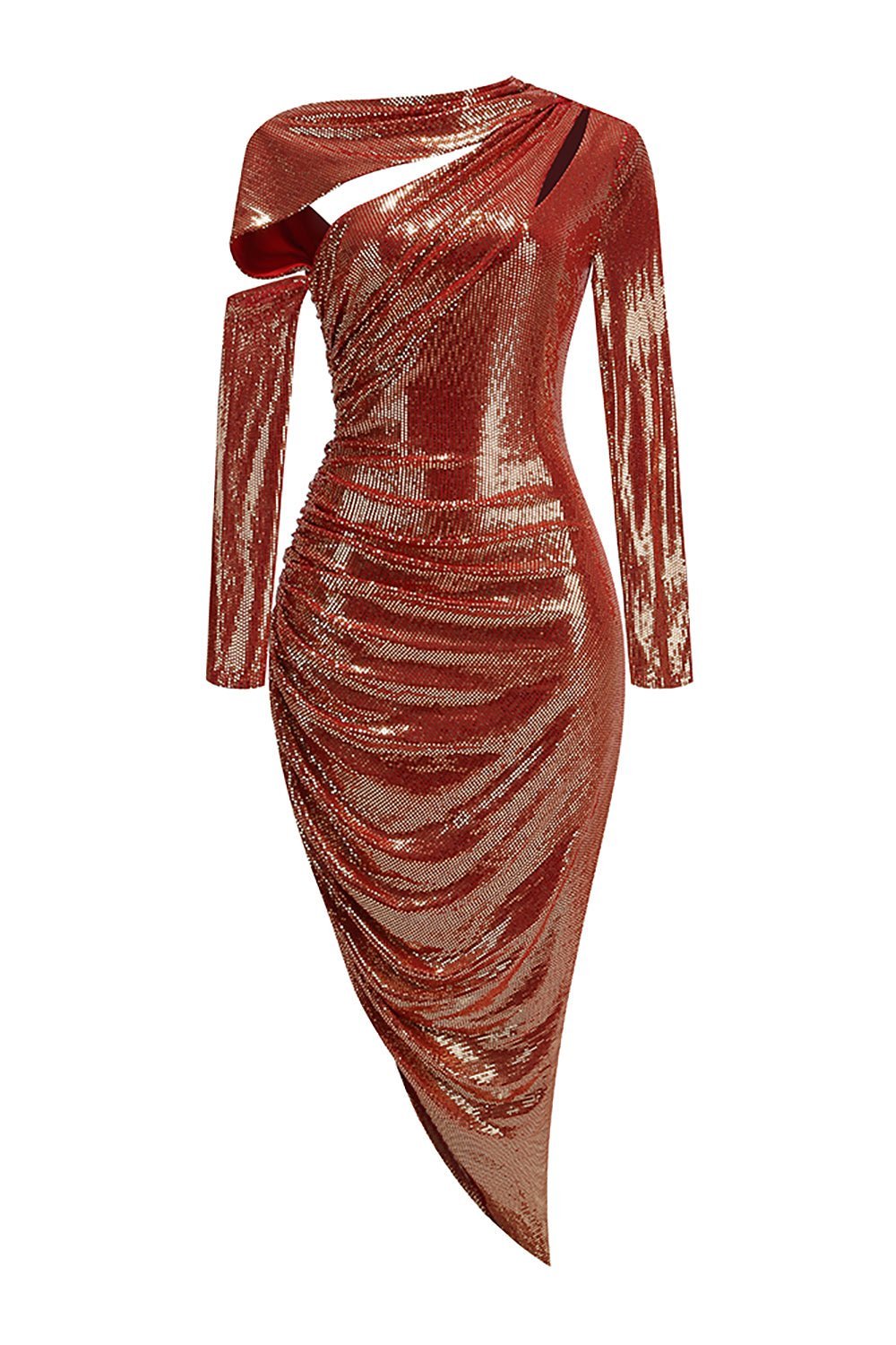 Asymmetrical Neck Ruched Sequin Dress CHICIDA Asymmetrical Neck Ruched Sequin Dress CHICIDA