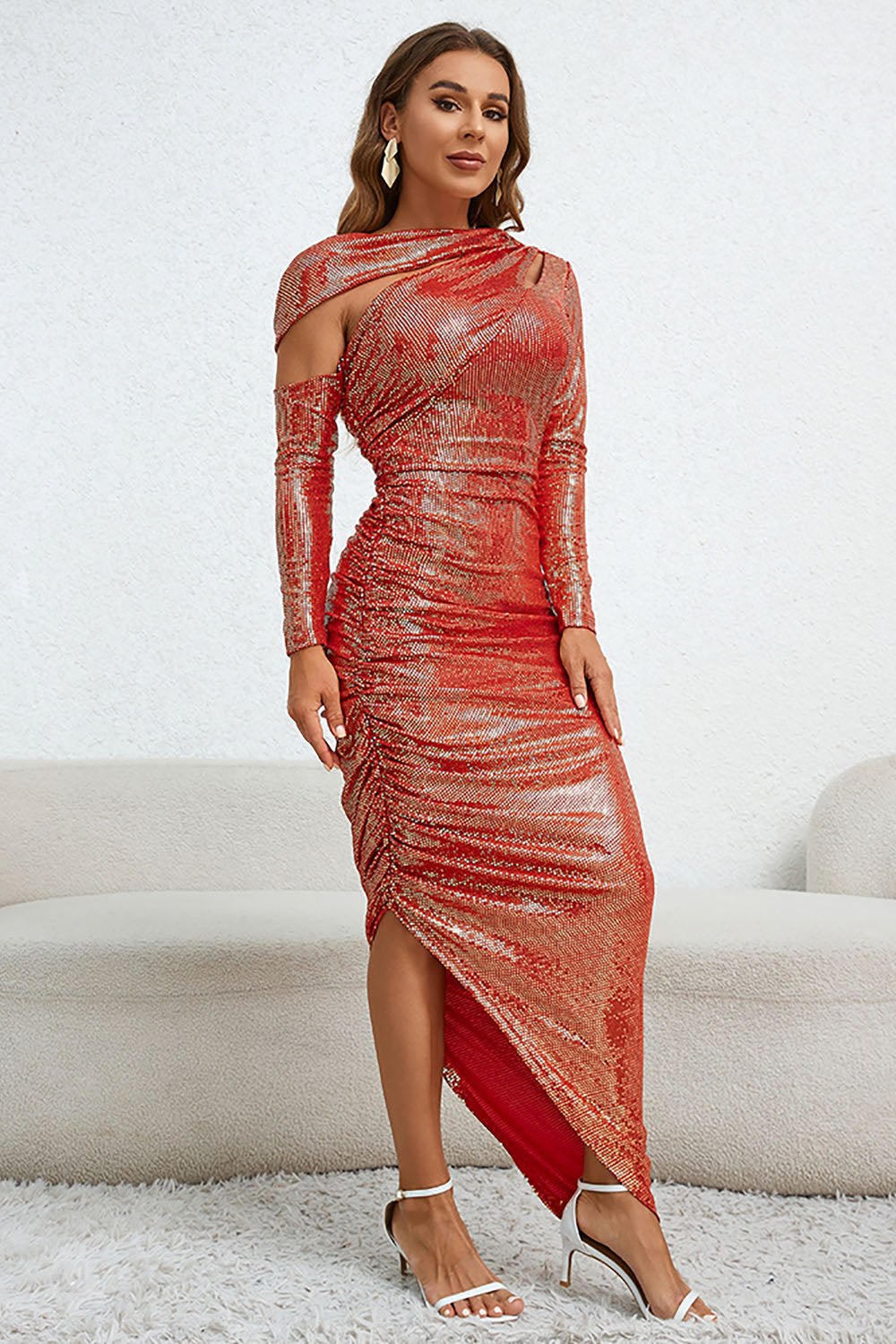 Asymmetrical Neck Ruched Sequin Dress - CHICIDA