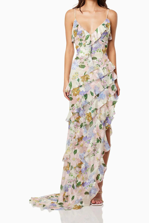 Asymmetrical Ruffled Floral Draped Maxi Dress in Beige - CHICIDA