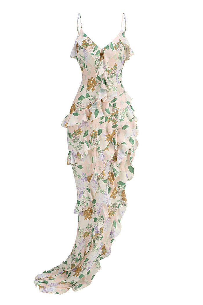 Asymmetrical Ruffled Floral Draped Maxi Dress in Beige - CHICIDA