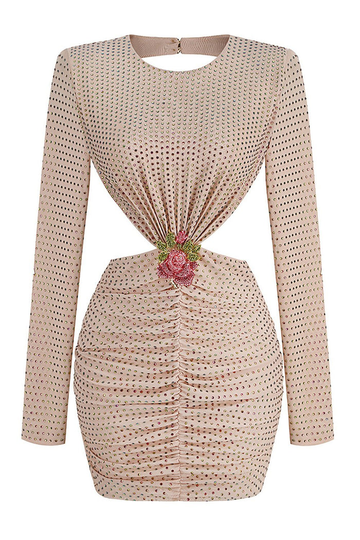 Backless Long Sleeve Beading Mini Dress - CHICIDA