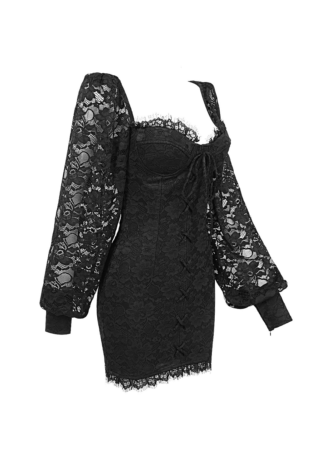 Backless Puff Sleeve Square Neck Double Layer Bandage Lace Mini Dress - CHICIDA