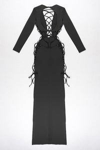 Backless Split Hollow Long Sleeve Maxi Dress In White Black - CHICIDA