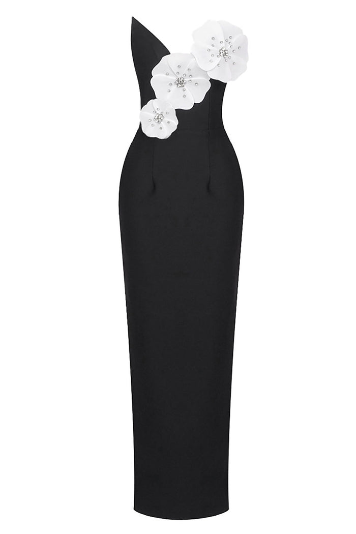 Black Flower Crystal Bandage Maxi Dress - CHICIDA