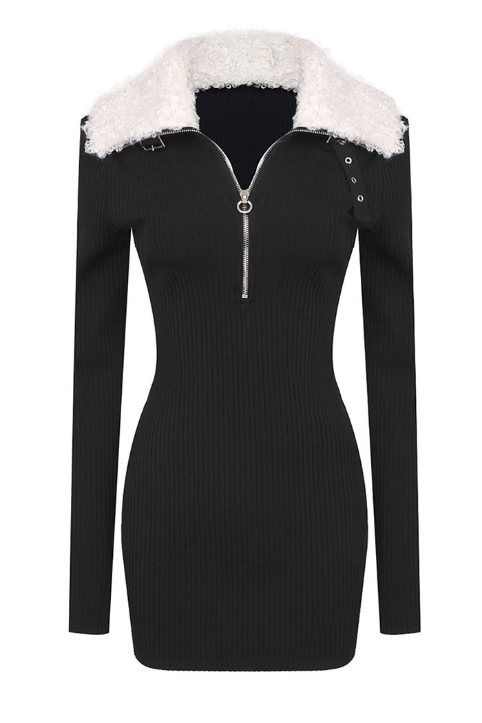 Black Ribbed Zipped Dress With Accent Collar - CHICIDA