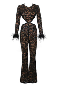 Black Sequin Lace Perspective Jumpsuit - CHICIDA