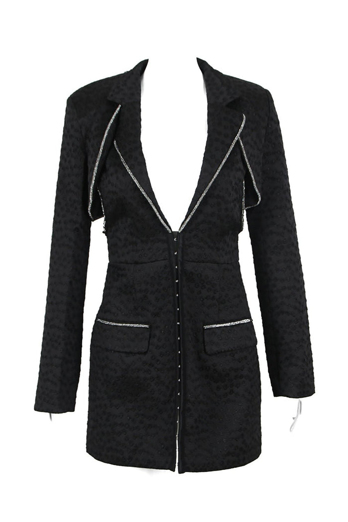 Black V - neck Jacquard Blazer Short Dress - CHICIDA