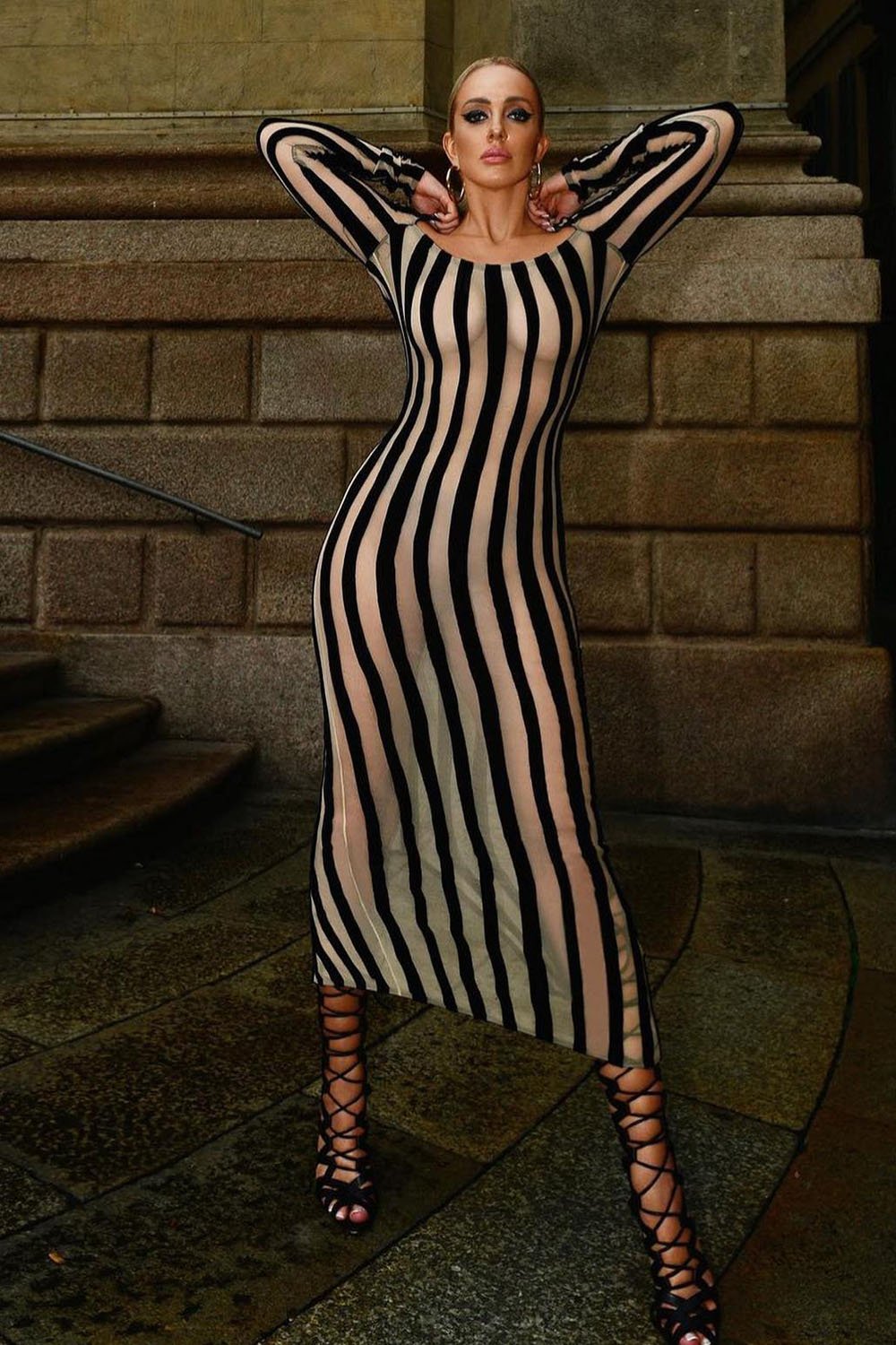 Boat Neck Striped Mid Length Mesh Gown - CHICIDA