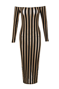 Boat Neck Striped Mid Length Mesh Gown - CHICIDA