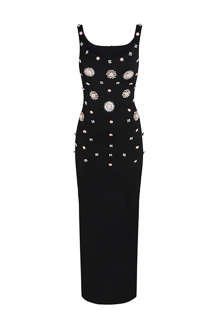 Brooch Embellished Scoopneck Gown In Black - CHICIDA