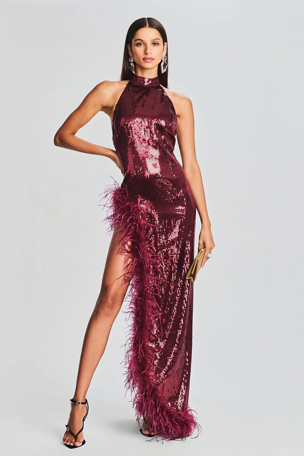 Burgundy Feather Sequin Slits Dress - CHICIDA