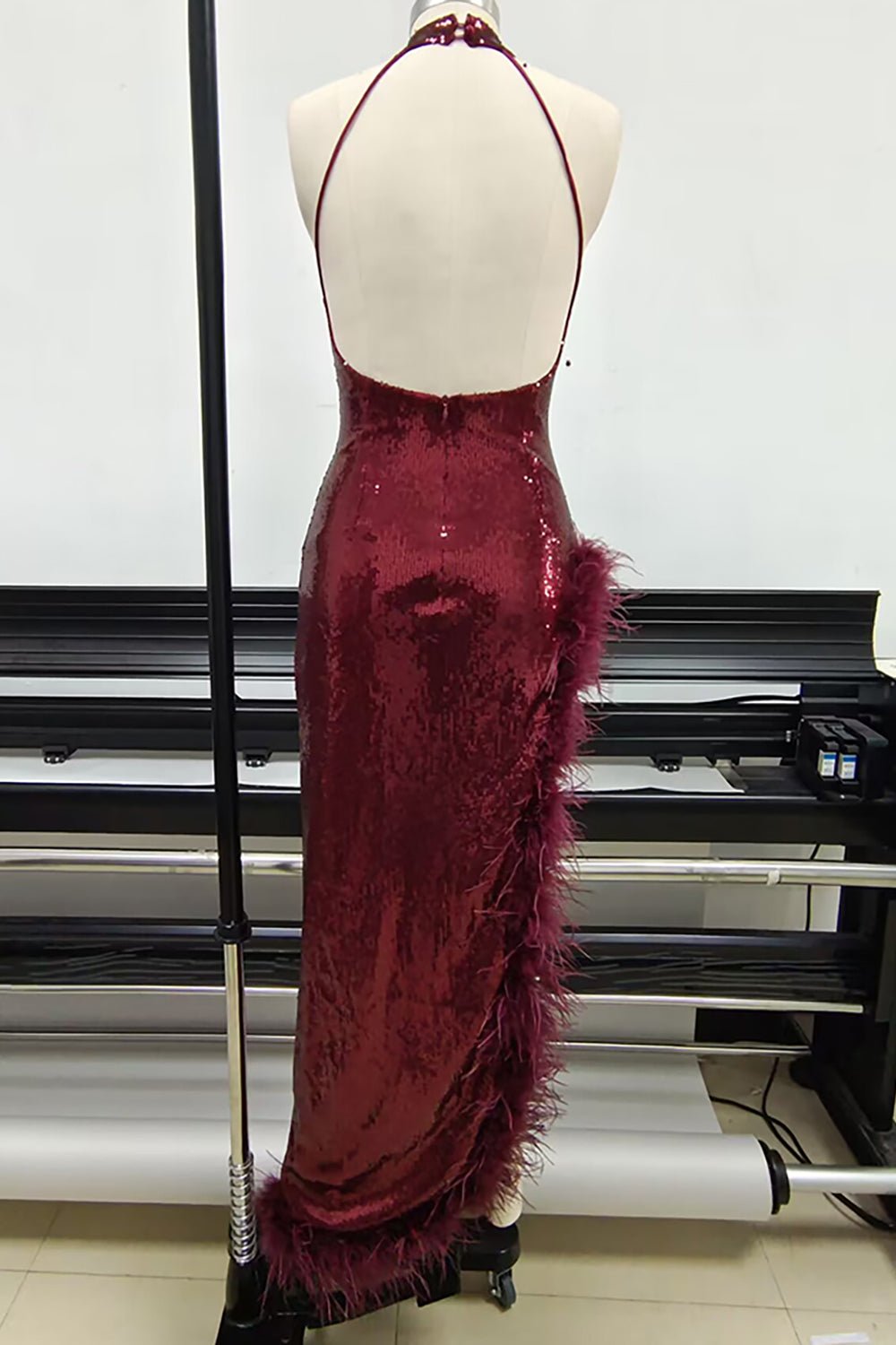 Burgundy Feather Sequin Slits Dress CHICIDA Burgundy Feather Sequin Slits Dress CHICIDA