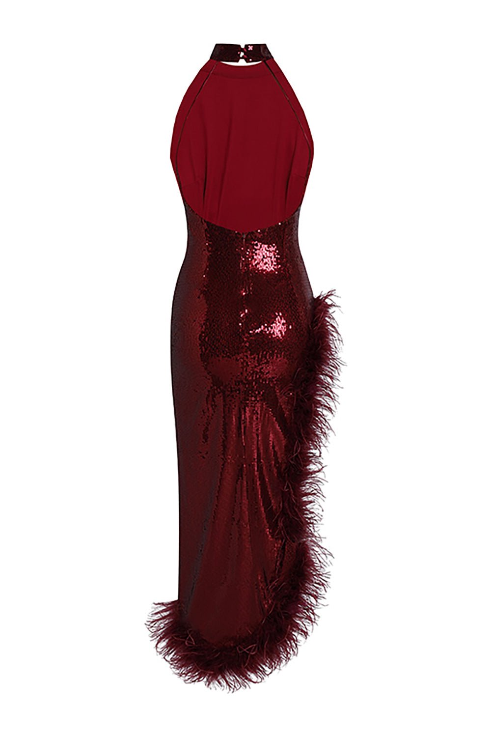 Burgundy Feather Sequin Slits Dress CHICIDA Burgundy Feather Sequin Slits Dress CHICIDA