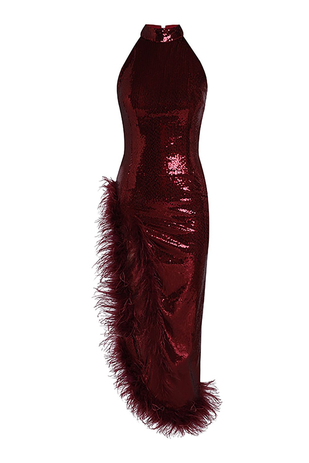 Burgundy Feather Sequin Slits Dress CHICIDA Burgundy Feather Sequin Slits Dress CHICIDA