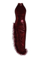 Burgundy Feather Sequin Slits Dress - CHICIDA