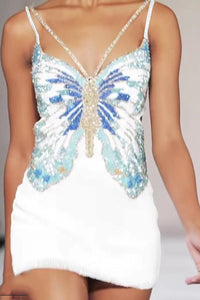 Butterfly Bugle Beaded Strappy Cocktail Dress - CHICIDA