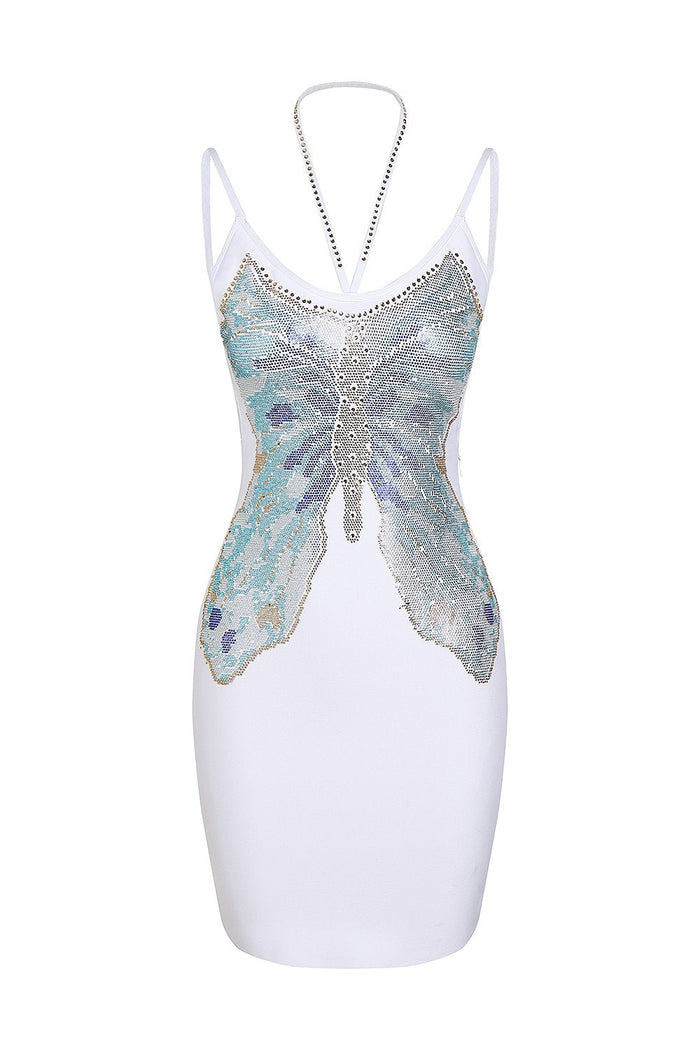 Butterfly Bugle Beaded Strappy Cocktail Dress - CHICIDA