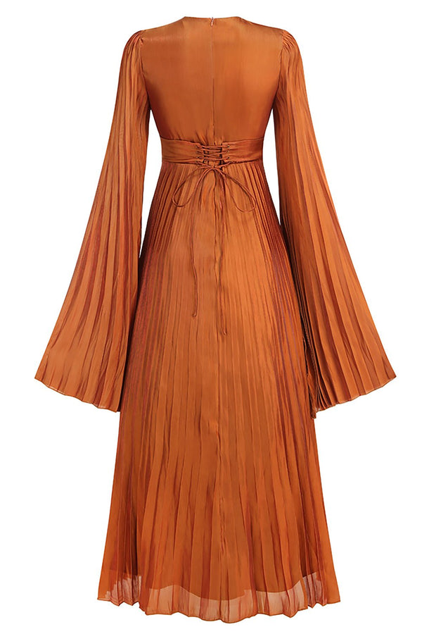 Cinderella Divine Brown Long Sleeved Pleated Maxi Dress - CHICIDA