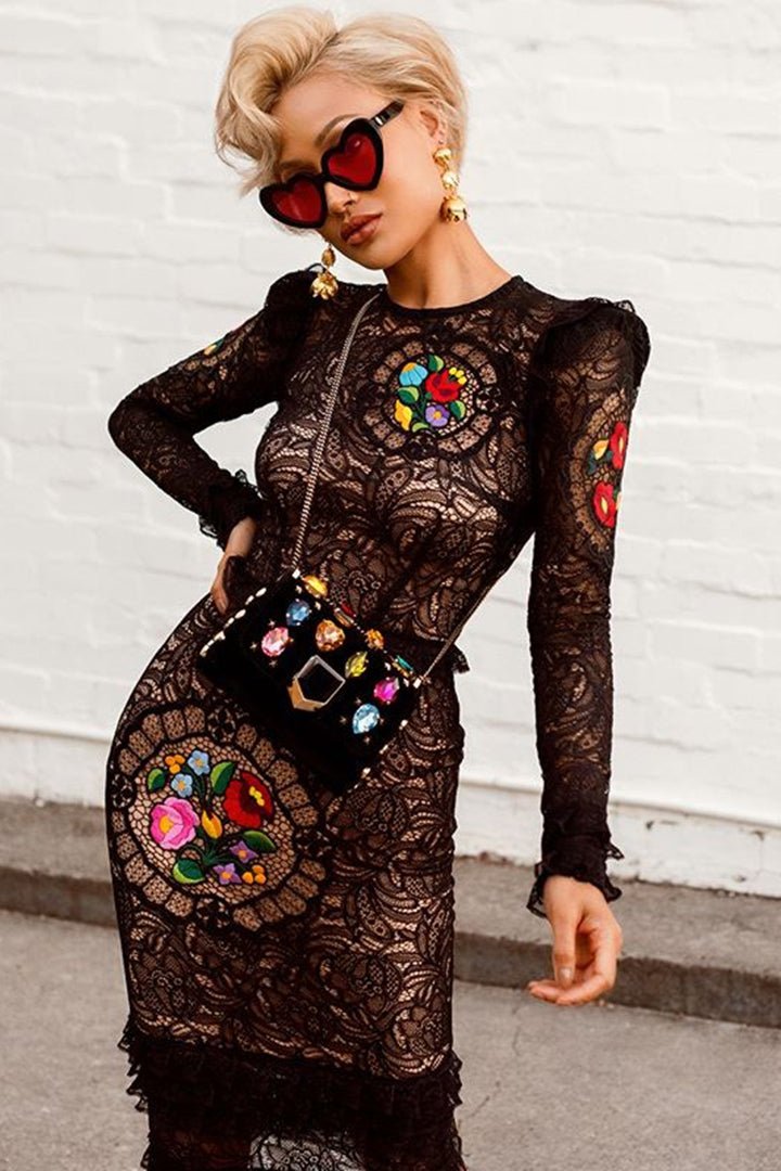 Colourful Flowers Embellished Lace Dress CHICIDA Colourful Flowers Embellished Lace Dress CHICIDA