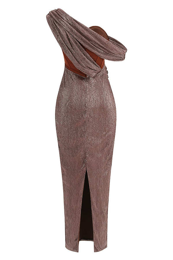 Corset Draped Maxi Dress in Brown - CHICIDA