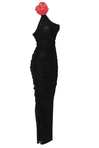 Vestido transparente con escote asimétrico y detalle de flores de Anthurium en negro
