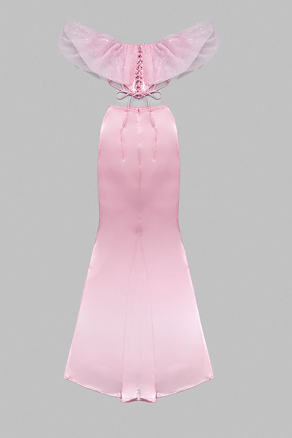 Robe sirène longue dos nu à volants en rose