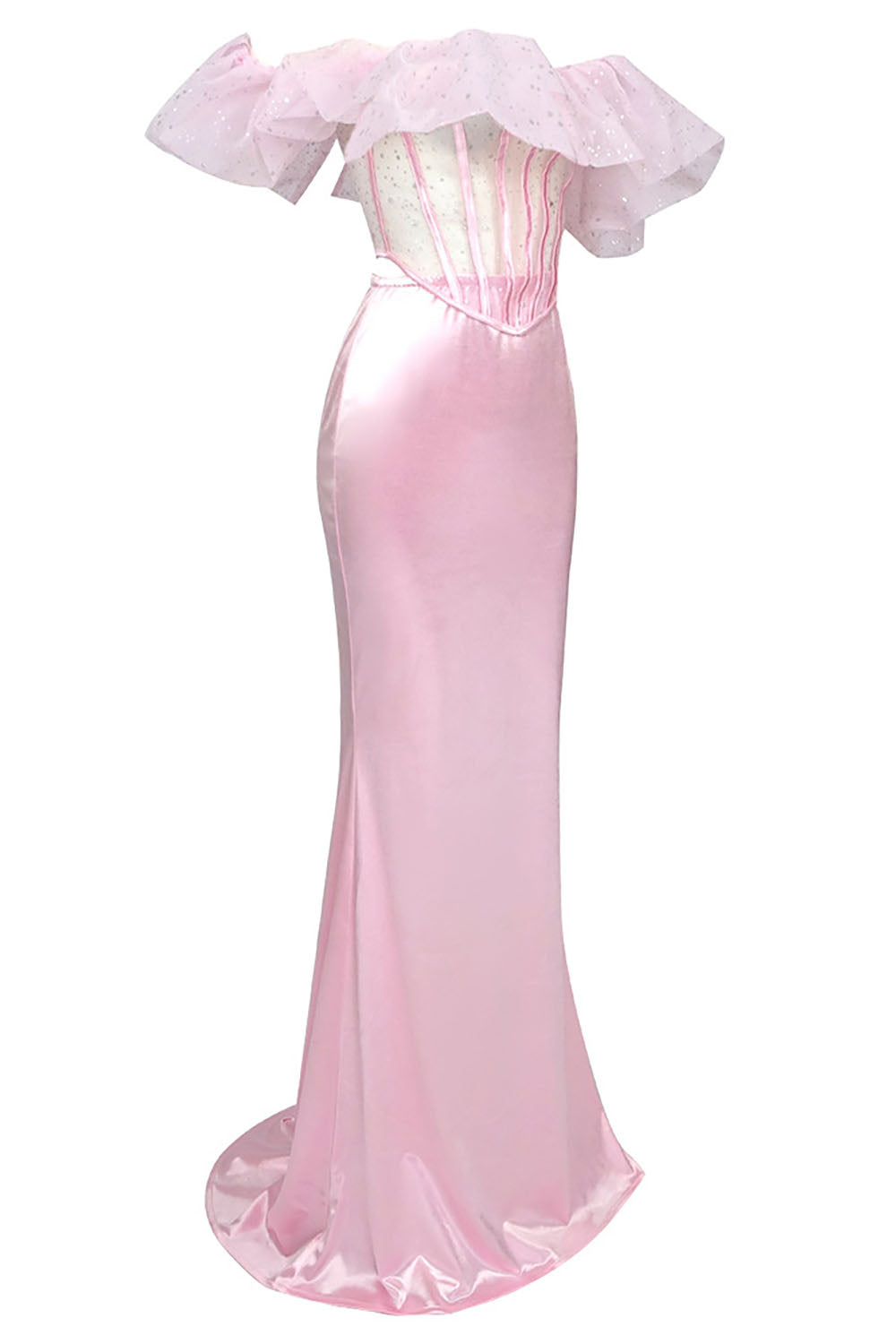 Vestido largo de sirena con volantes y espalda descubierta en rosa