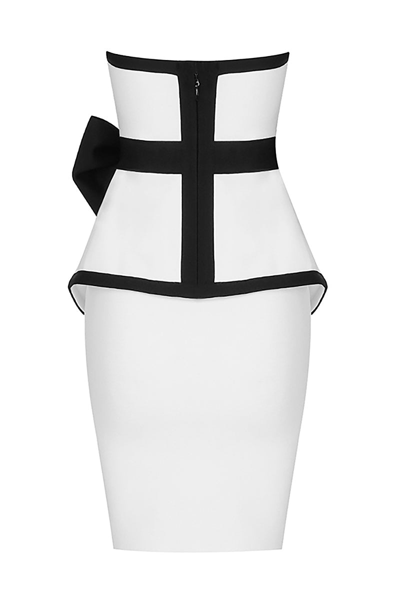 Black And White Strapless Bow Belt Top & White Skirt Bandage Two Piece Set - Chicida
