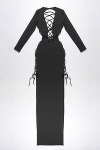 Backless Split Hollow Long Sleeve Maxi Dress In White Black - Chicida