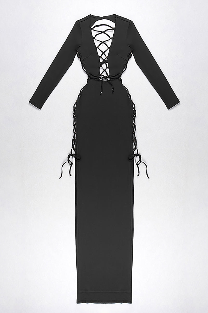 Backless Split Hollow Long Sleeve Maxi Dress In White Black