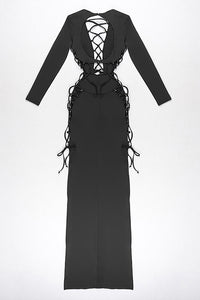 Backless Split Hollow Long Sleeve Maxi Dress In White Black - Chicida