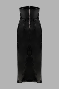 Vestido largo sin tirantes de piel sintética en negro plateado