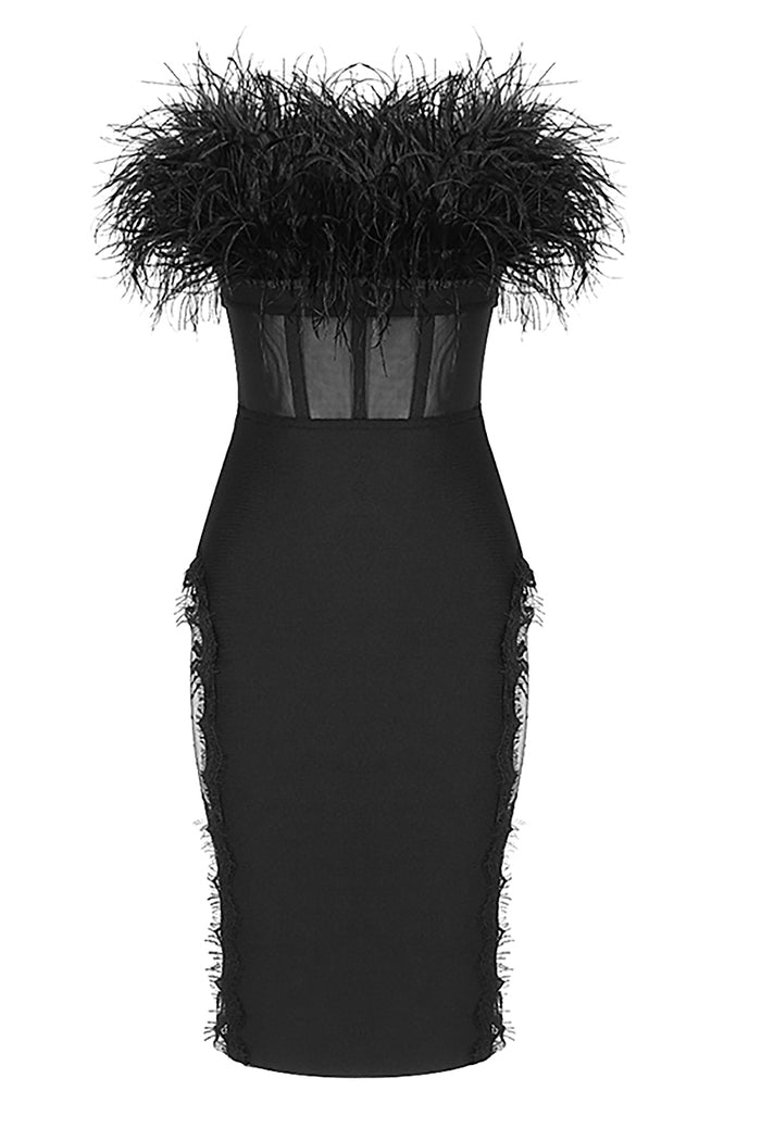 Robe mini bandage bustier en dentelle à plumes