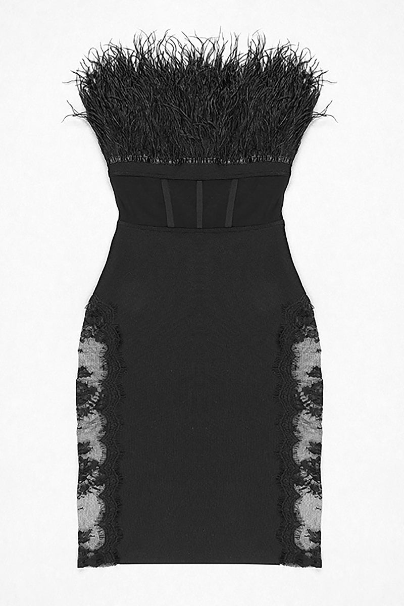 Black Feather Lace Strapless Mini Bandage Dress