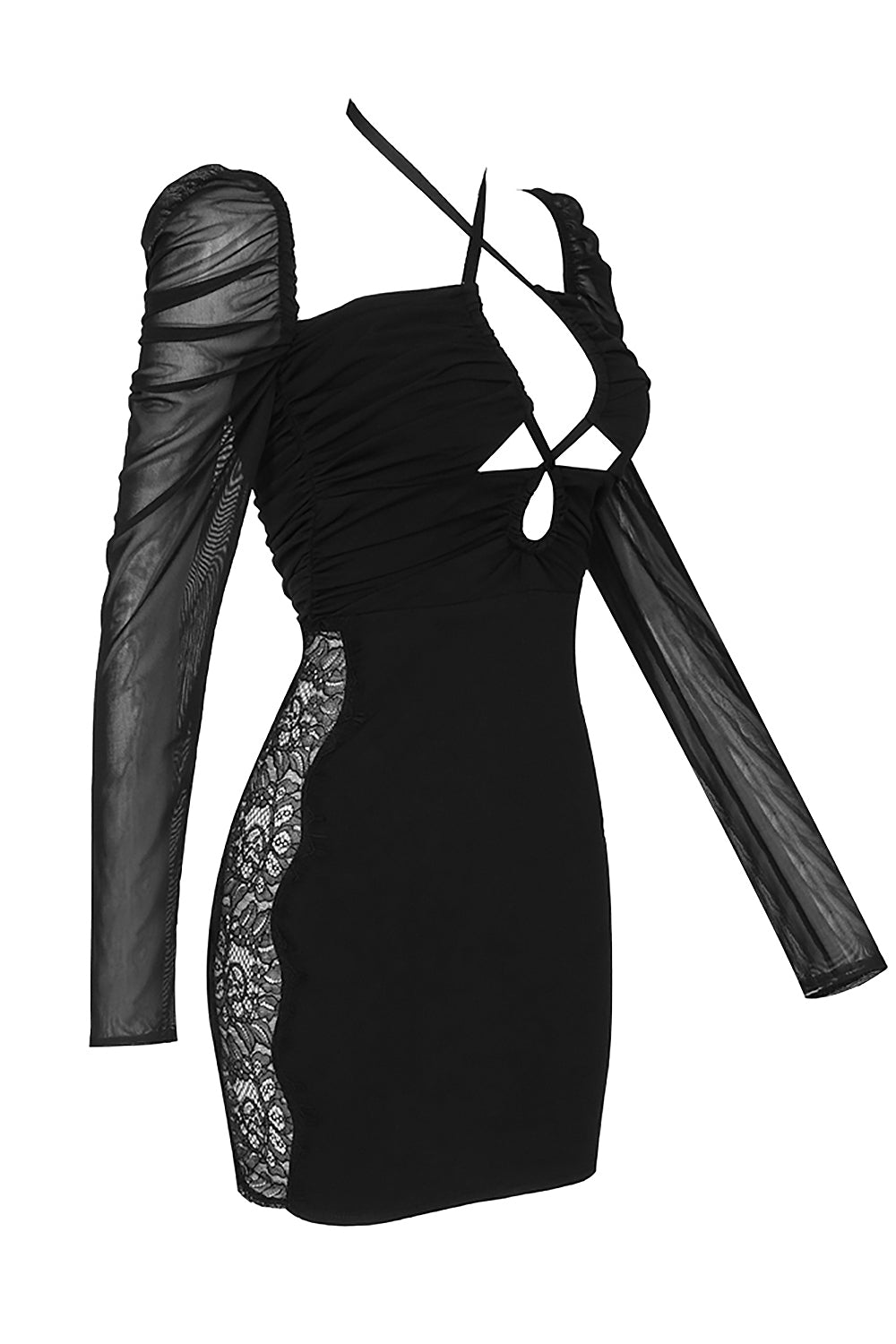 Black Halter Long Sleeve Mesh Patchwork Lace Mini Dress