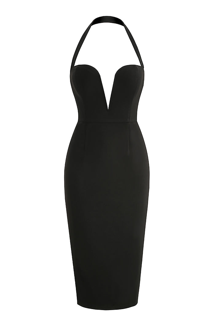 Black Halter Sleeveless Deep V Midi Dress - Chicida