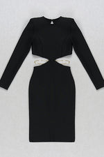 Black Rose Red Hollow Backless Chain Long Sleeved bandage dress - Chicida
