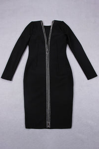 Black Long Sleeve Back Zipper Crystal Bandage Dress - Chicida
