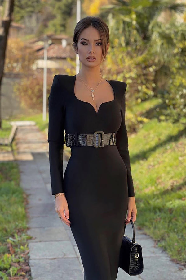 Black Long Sleeve Belt Bandage Dress - Chicida