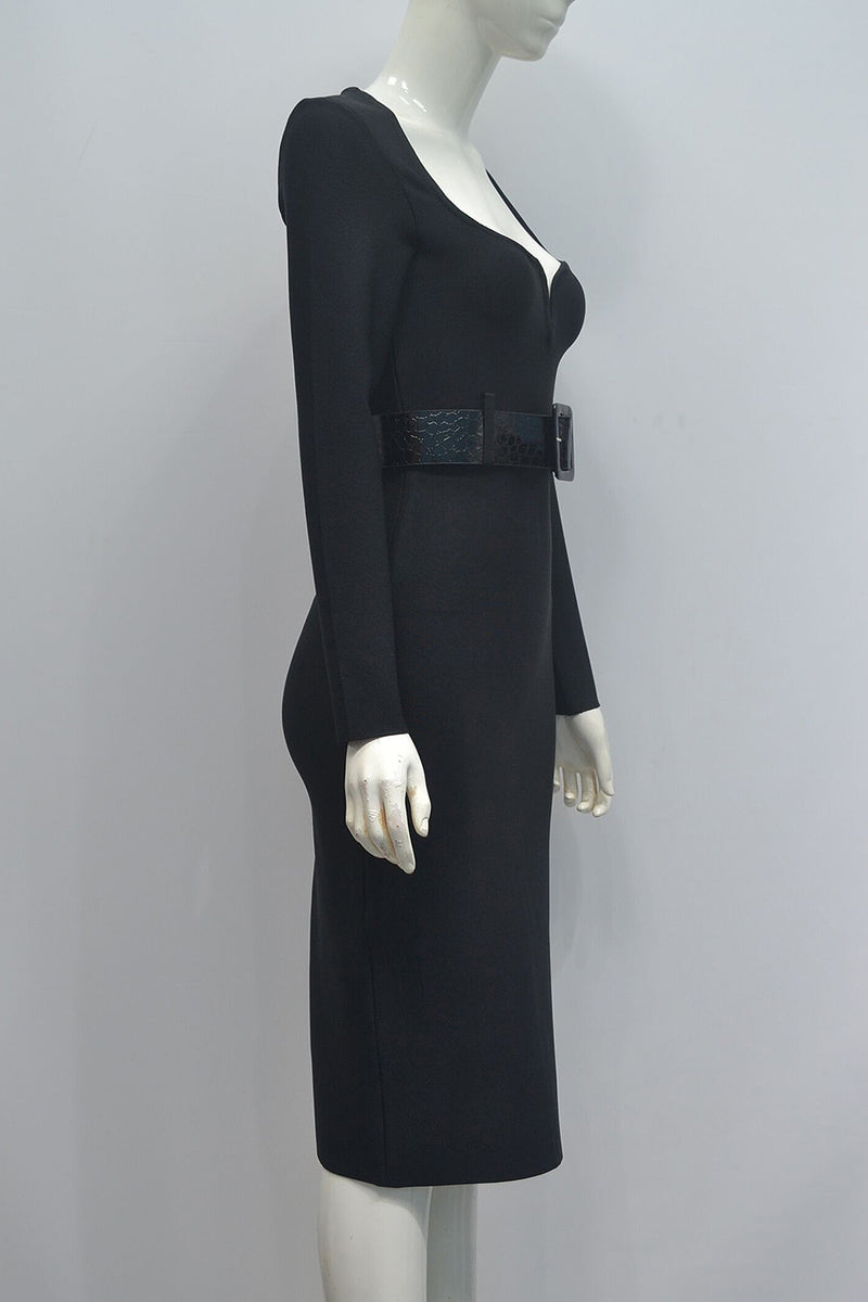 Black Long Sleeve Belt Bandage Dress