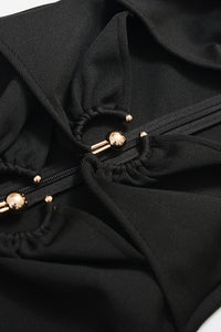 Black Long Sleeve Hollow Metal Button Bandage Dress - Chicida