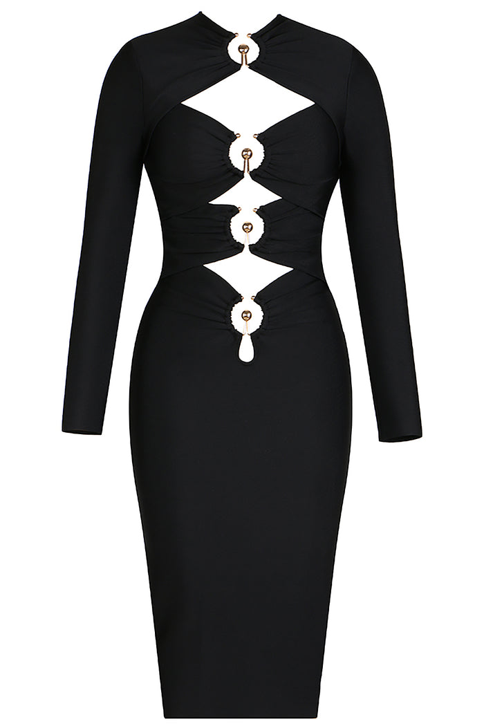 Black Long Sleeve Hollow Metal Button Bandage Dress - Chicida