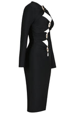 Black Long Sleeve Hollow Metal Button Bandage Dress
